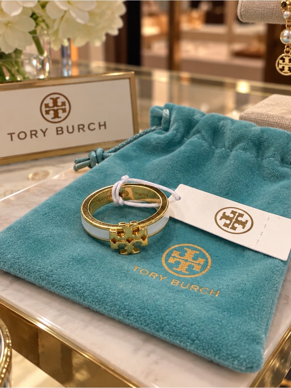 Tory Burch Gold Tone Ring with White Enamel Logo NWT